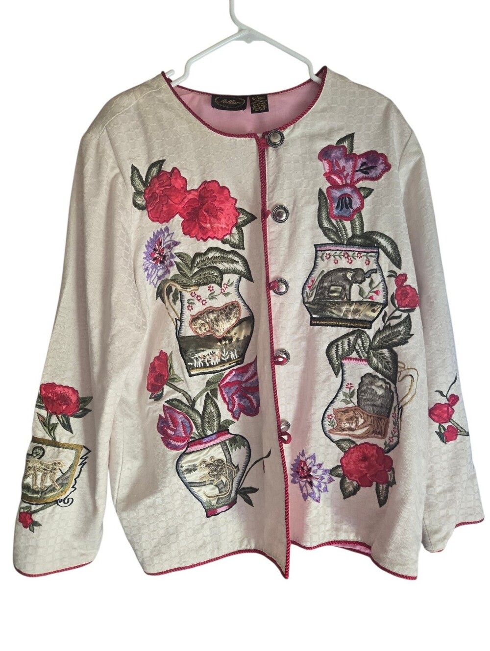 Allure, Embroidered Floral Vase Button-Front Jacket - White with Pink Accents